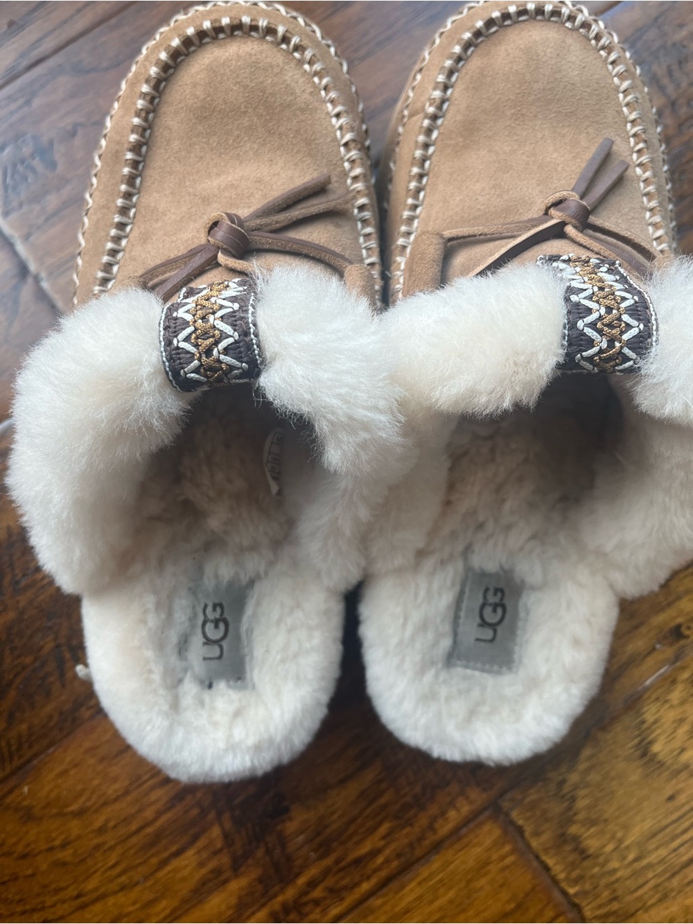 UGG  Chestnut Suede Shearling-Lined Moccasin Slippers - Picture 5 of 11